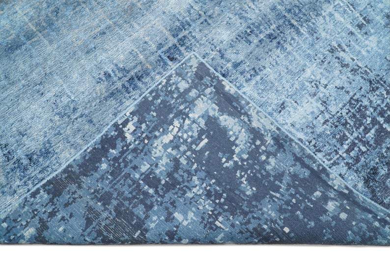 Handmade Modern Abstract Blue and Silver bamboo Silk 8x10 Area Rug I SK35810