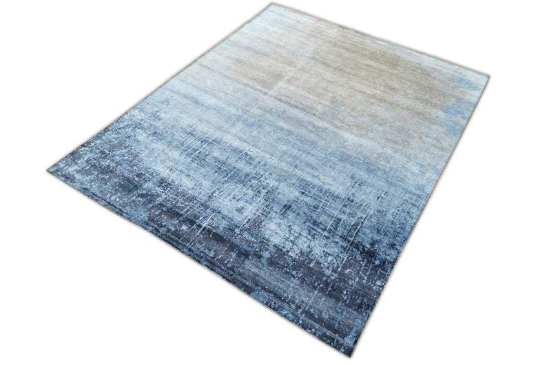 Handmade Modern Abstract Blue and Silver bamboo Silk 8x10 Area Rug I SK35810