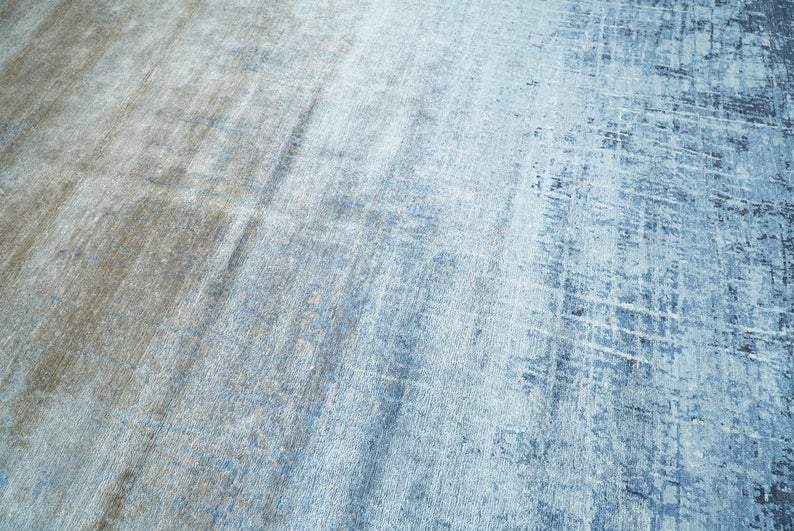 Handmade Modern Abstract Blue and Silver bamboo Silk 8x10 Area Rug I SK35810