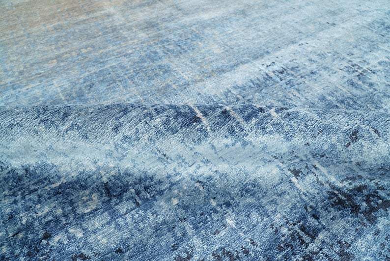 Handmade Modern Abstract Blue and Silver bamboo Silk 8x10 Area Rug I SK35810