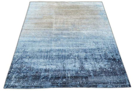 Handmade Modern Abstract Blue and Silver bamboo Silk 8x10 Area Rug I SK35810