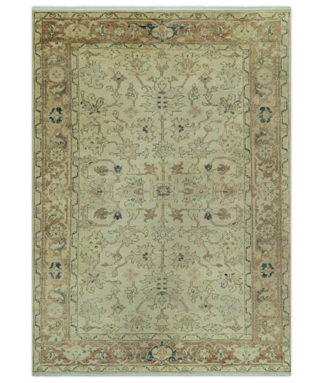 Heriz Traditional Design Beige And Blue 5.6x8 Hand Knotted Wool Area Rug