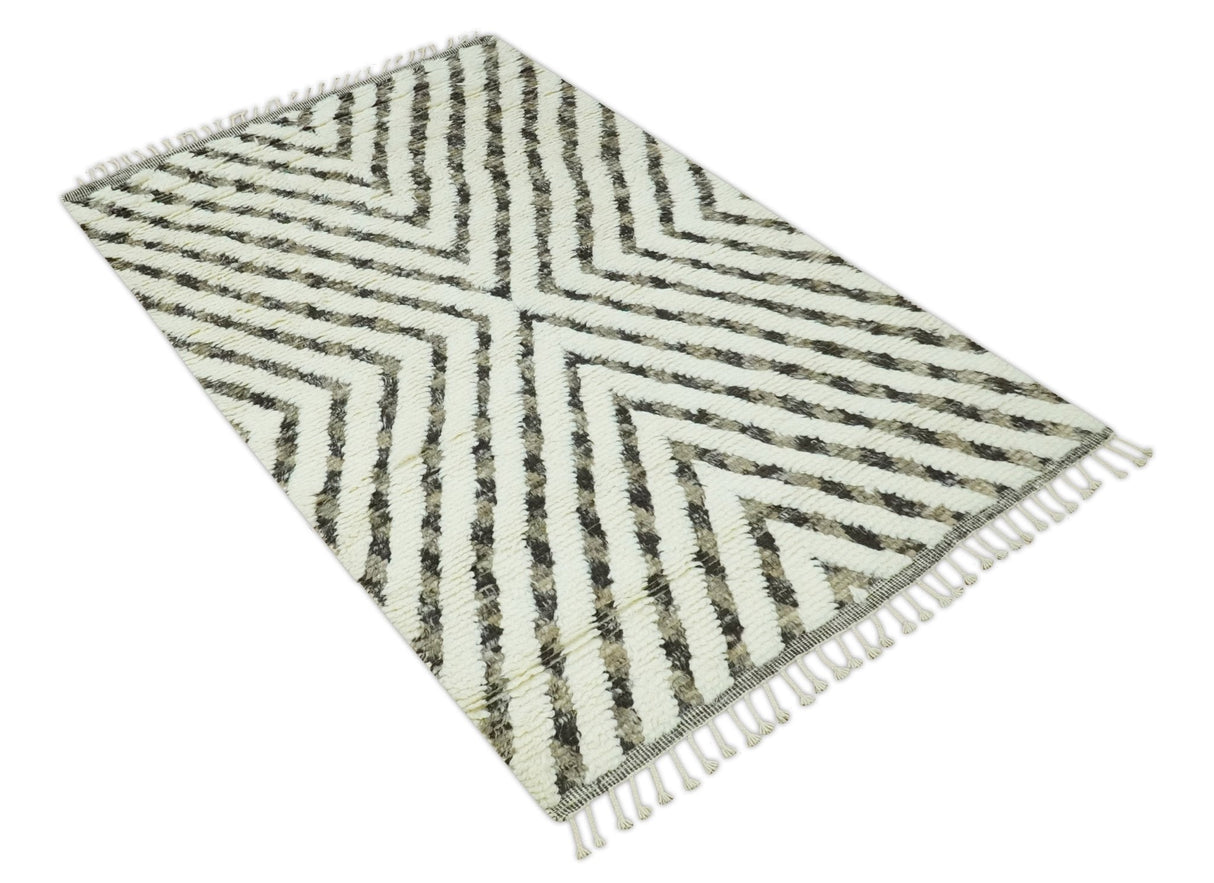 Ivory, Beige and Charcoal Modern Stripes Plush Pile Moroccan Style Hand knotted 5x8 wool Area Rug