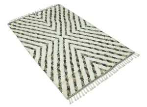 Ivory, Beige and Charcoal Modern Stripes Plush Pile Moroccan Style Hand knotted 5x8 wool Area Rug