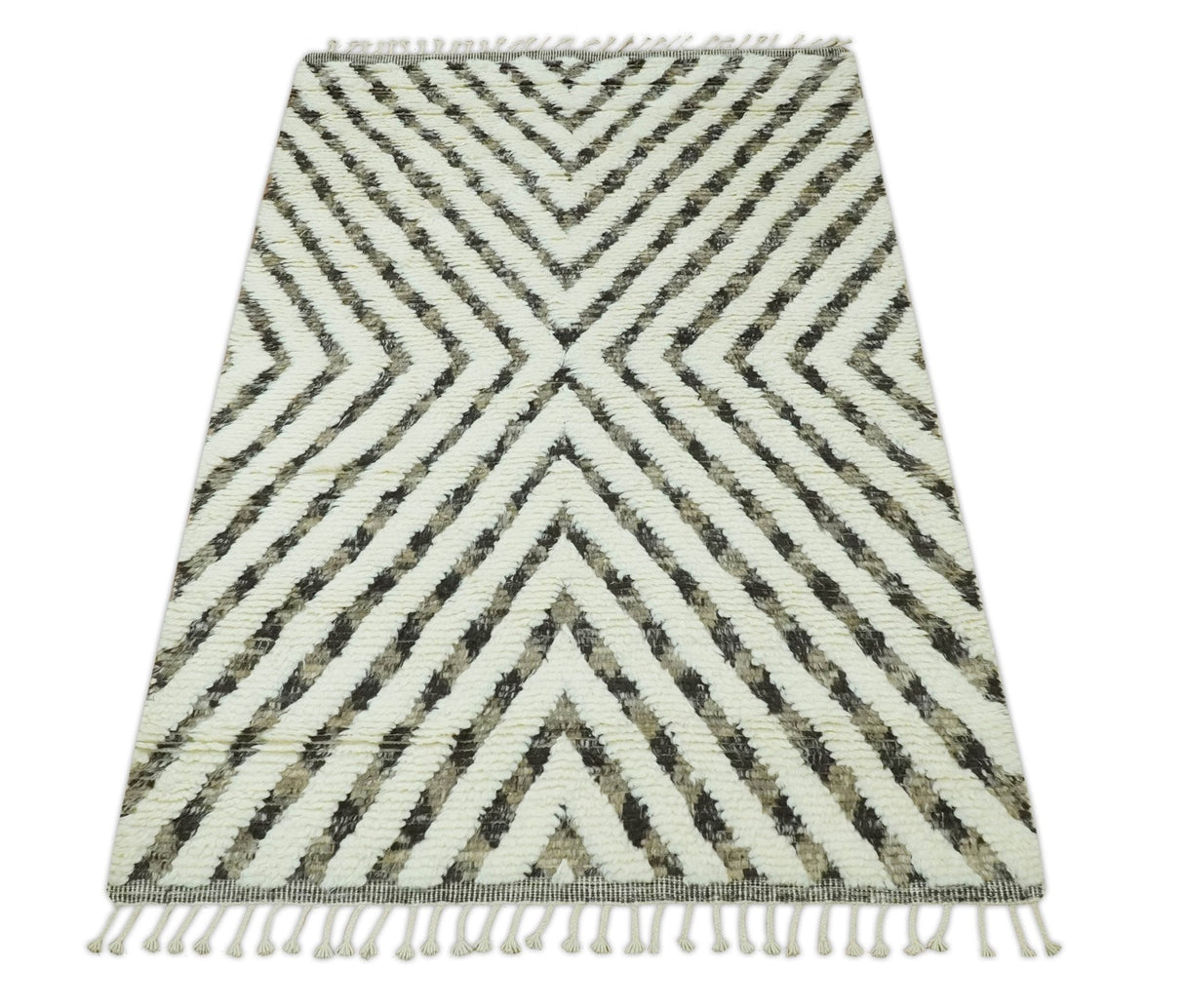 Ivory, Beige and Charcoal Modern Stripes Plush Pile Moroccan Style Hand knotted 5x8 wool Area Rug