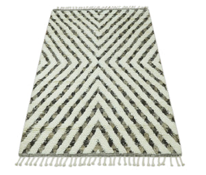 Ivory, Beige and Charcoal Modern Stripes Plush Pile Moroccan Style Hand knotted 5x8 wool Area Rug