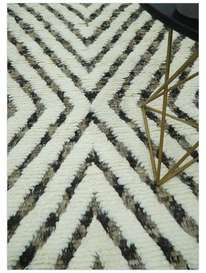 Ivory, Beige and Charcoal Modern Stripes Plush Pile Moroccan Style Hand knotted 5x8 wool Area Rug