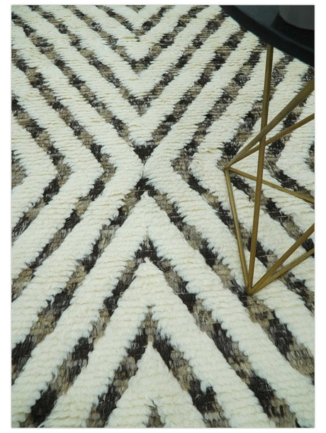 Ivory, Beige and Charcoal Modern Stripes Plush Pile Moroccan Style Hand knotted 5x8 wool Area Rug