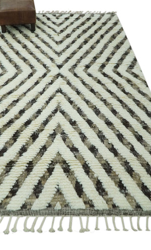 Ivory, Beige and Charcoal Modern Stripes Plush Pile Moroccan Style Hand knotted 5x8 wool Area Rug