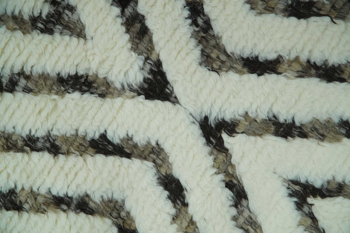 Ivory, Beige and Charcoal Modern Stripes Plush Pile Moroccan Style Hand knotted 5x8 wool Area Rug