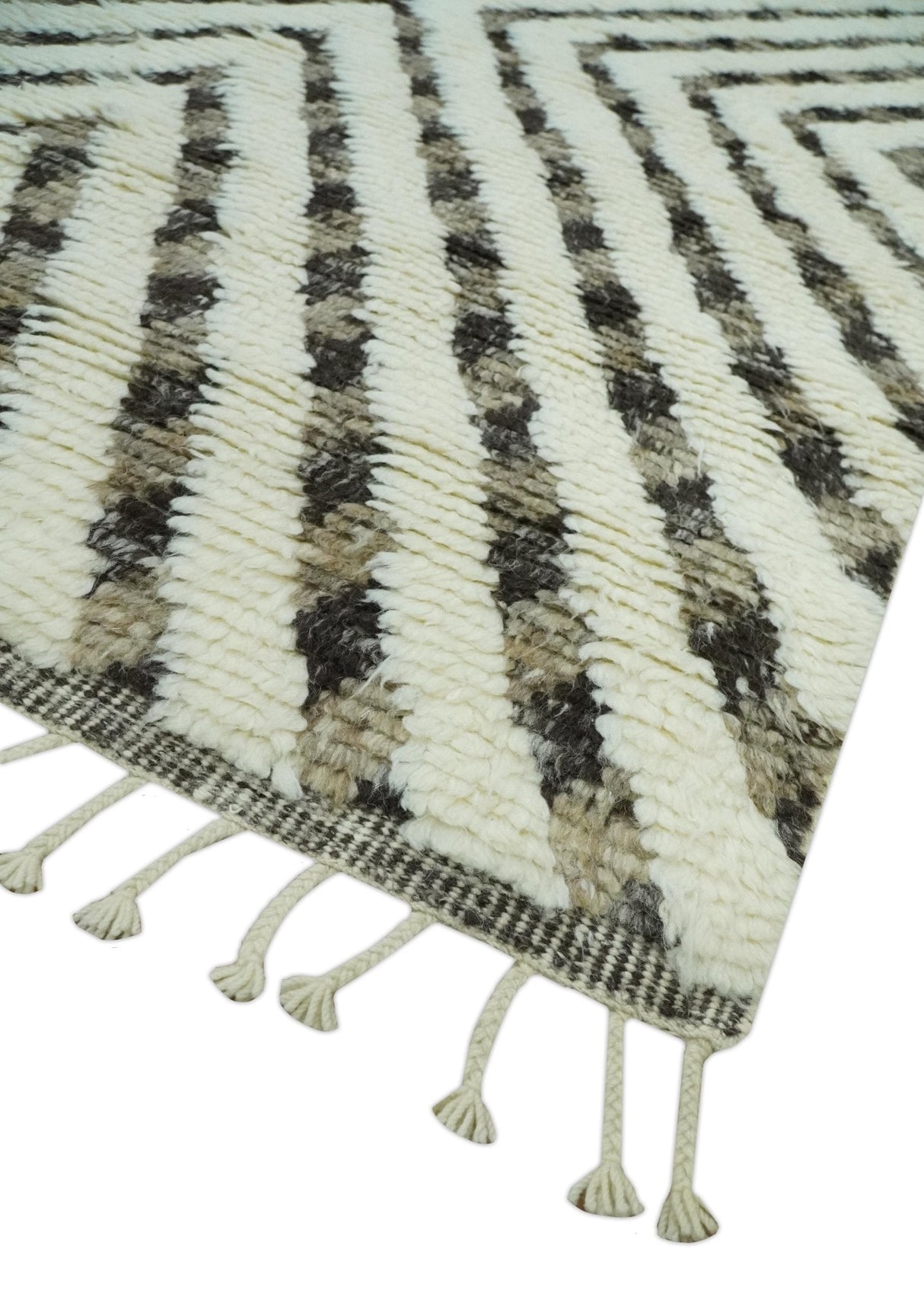 Ivory, Beige and Charcoal Modern Stripes Plush Pile Moroccan Style Hand knotted 5x8 wool Area Rug