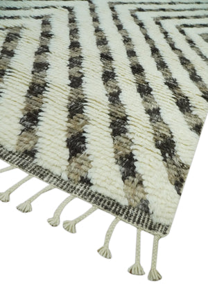 Ivory, Beige and Charcoal Modern Stripes Plush Pile Moroccan Style Hand knotted 5x8 wool Area Rug