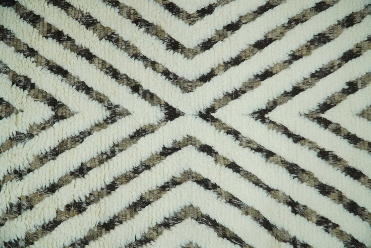 Ivory, Beige and Charcoal Modern Stripes Plush Pile Moroccan Style Hand knotted 5x8 wool Area Rug