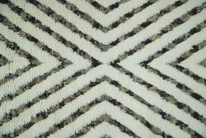 Ivory, Beige and Charcoal Modern Stripes Plush Pile Moroccan Style Hand knotted 5x8 wool Area Rug