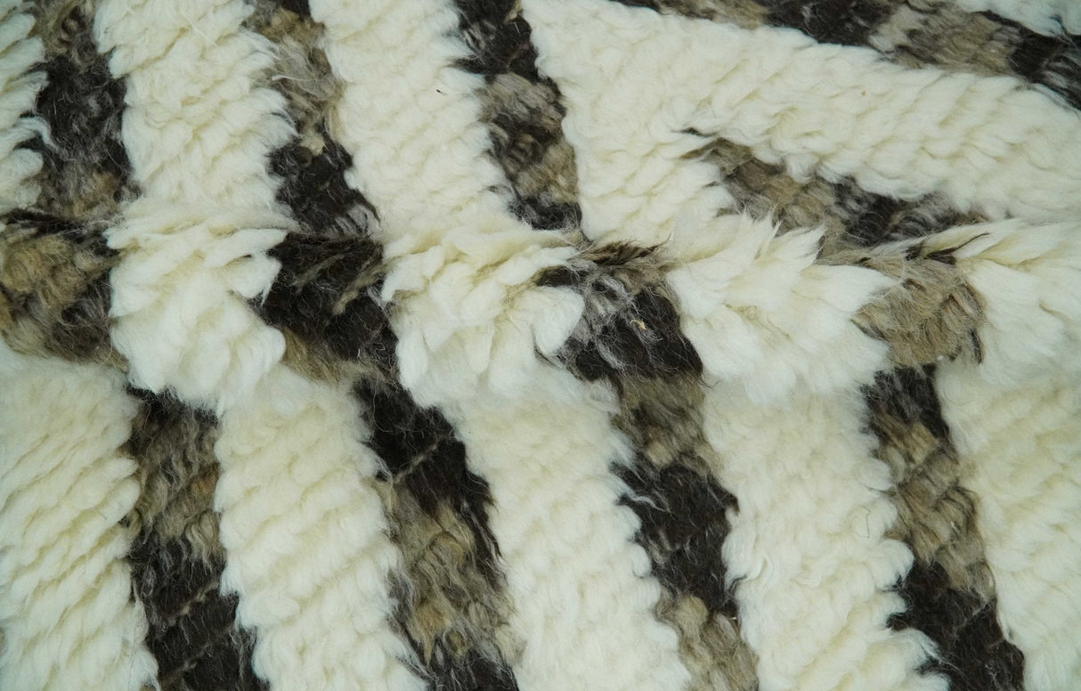 Ivory, Beige and Charcoal Modern Stripes Plush Pile Moroccan Style Hand knotted 5x8 wool Area Rug