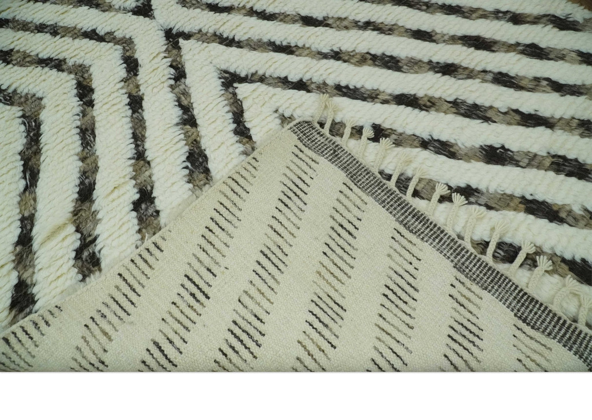 Ivory, Beige and Charcoal Modern Stripes Plush Pile Moroccan Style Hand knotted 5x8 wool Area Rug