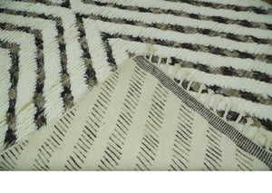 Ivory, Beige and Charcoal Modern Stripes Plush Pile Moroccan Style Hand knotted 5x8 wool Area Rug