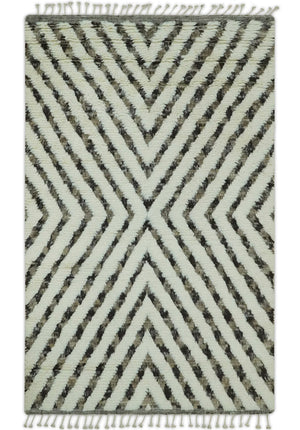Ivory, Beige and Charcoal Modern Stripes Plush Pile Moroccan Style Hand knotted 5x8 wool Area Rug