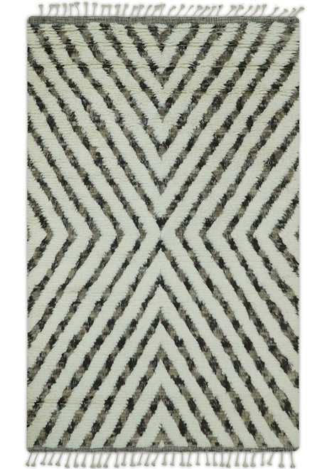 Ivory, Beige and Charcoal Modern Stripes Plush Pile Moroccan Style Hand knotted 5x8 wool Area Rug