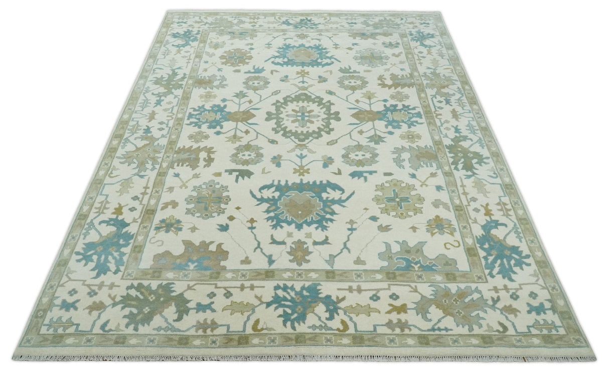 Ivory, Beige and Teal Hand Knotted Antique 9x13 Traditional Oushak Wool Rug