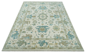 Ivory, Beige and Teal Hand Knotted Antique 9x13 Traditional Oushak Wool Rug