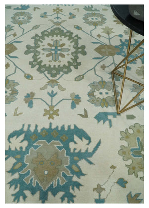 Ivory, Beige and Teal Hand Knotted Antique 9x13 Traditional Oushak Wool Rug
