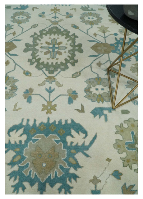 Ivory, Beige and Teal Hand Knotted Antique 9x13 Traditional Oushak Wool Rug