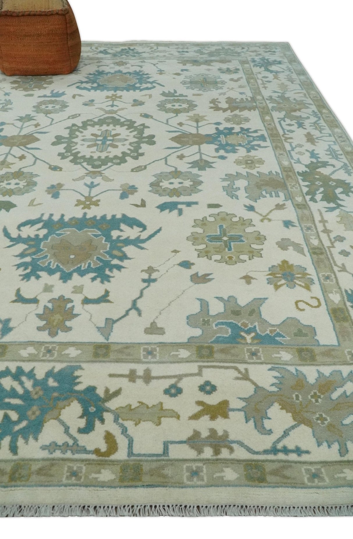 Ivory, Beige and Teal Hand Knotted Antique 9x13 Traditional Oushak Wool Rug