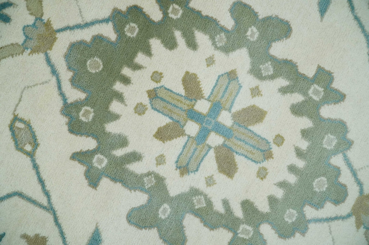 Ivory, Beige and Teal Hand Knotted Antique 9x13 Traditional Oushak Wool Rug