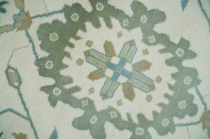 Ivory, Beige and Teal Hand Knotted Antique 9x13 Traditional Oushak Wool Rug