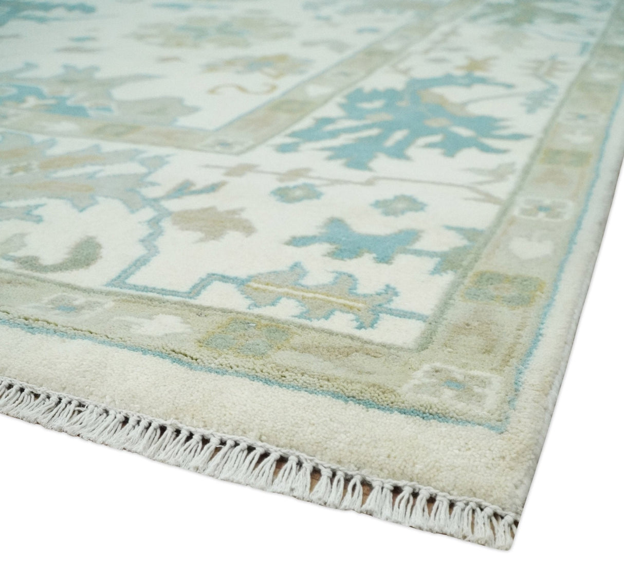 Ivory, Beige and Teal Hand Knotted Antique 9x13 Traditional Oushak Wool Rug