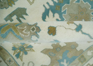 Ivory, Beige and Teal Hand Knotted Antique 9x13 Traditional Oushak Wool Rug