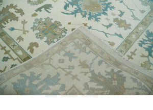 Ivory, Beige and Teal Hand Knotted Antique 9x13 Traditional Oushak Wool Rug