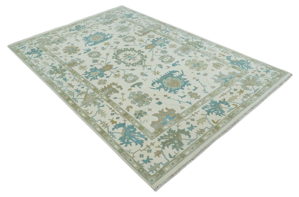 Ivory, Beige and Teal Hand Knotted Antique 9x13 Traditional Oushak Wool Rug