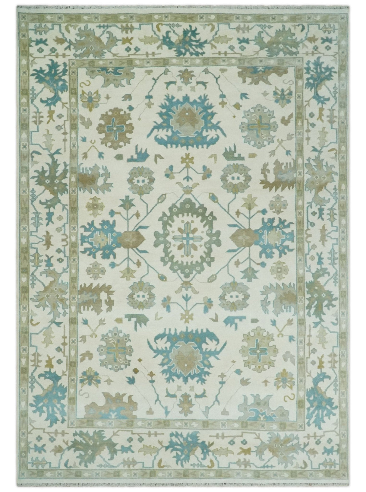 Ivory, Beige and Teal Hand Knotted Antique 9x13 Traditional Oushak Wool Rug