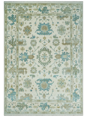 Ivory, Beige and Teal Hand Knotted Antique 9x13 Traditional Oushak Wool Rug