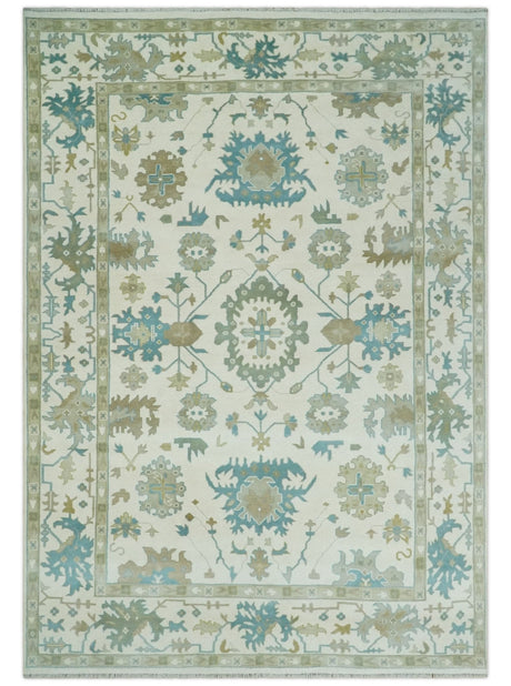 Ivory, Beige and Teal Hand Knotted Antique 9x13 Traditional Oushak Wool Rug