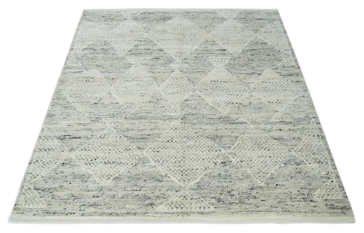 Ivory, Charcoal and Beige 8x10 hand knotted Geometrical wool Area rug