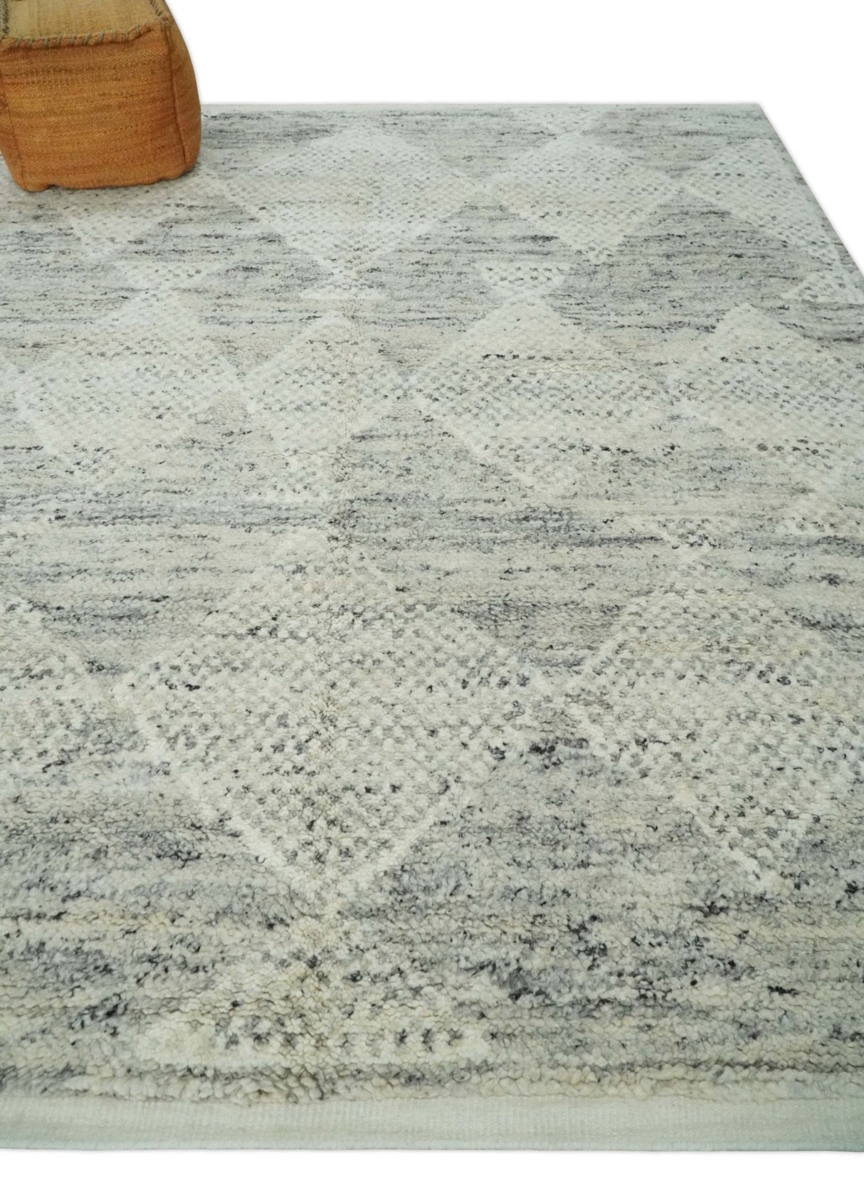Ivory, Charcoal and Beige 8x10 hand knotted Geometrical wool Area rug