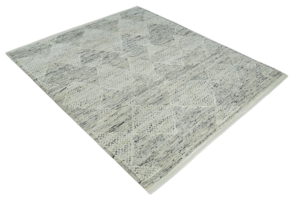 Ivory, Charcoal and Beige 8x10 hand knotted Geometrical wool Area rug