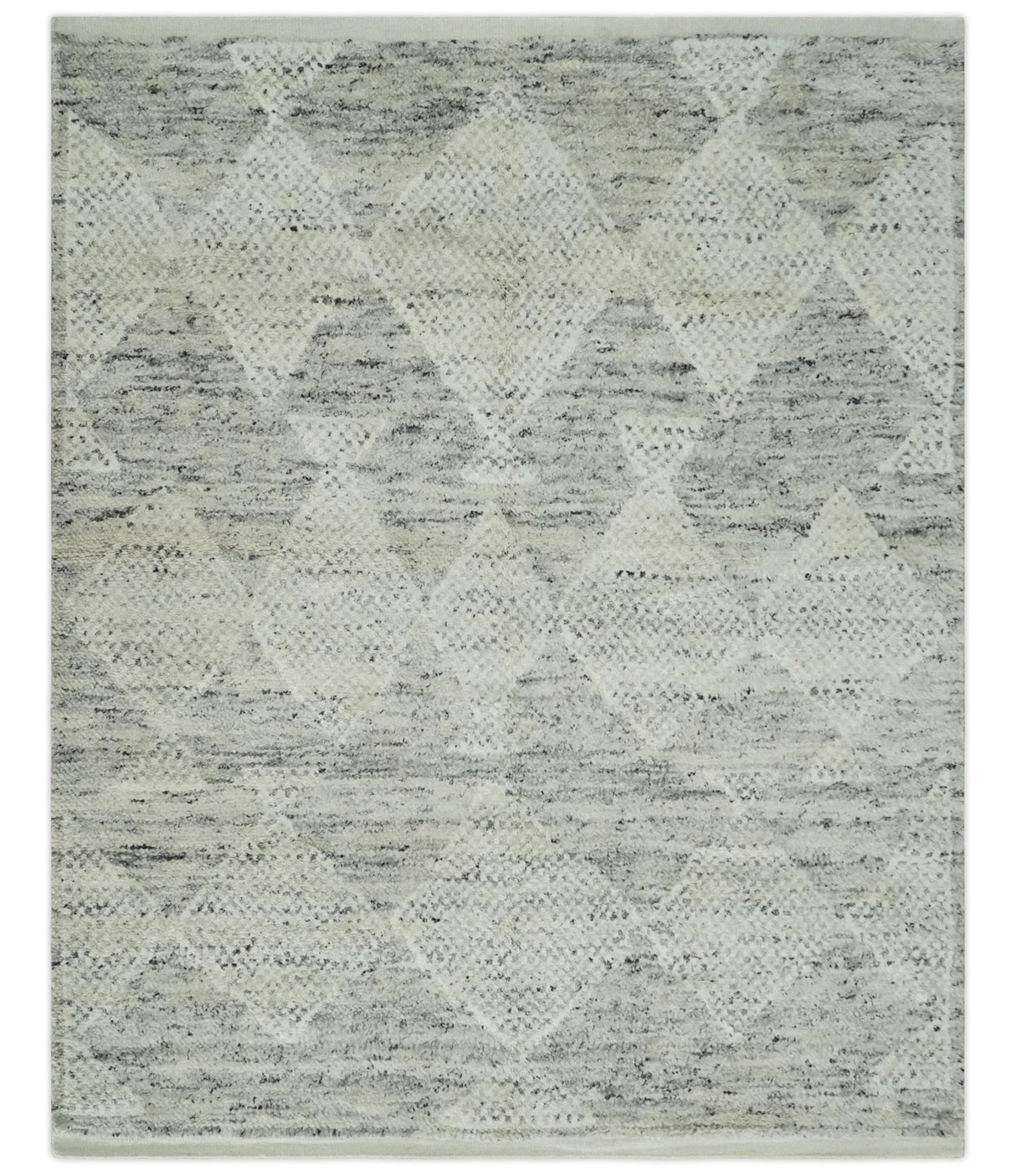 Ivory, Charcoal and Beige 8x10 hand knotted Geometrical wool Area rug