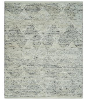 Ivory, Charcoal and Beige 8x10 hand knotted Geometrical wool Area rug