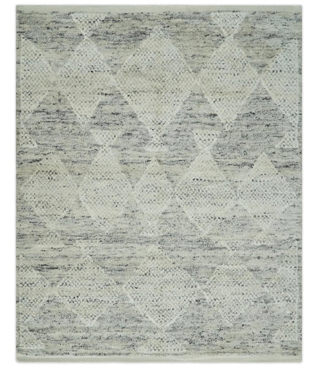 Ivory, Charcoal and Beige 8x10 hand knotted Geometrical wool Area rug