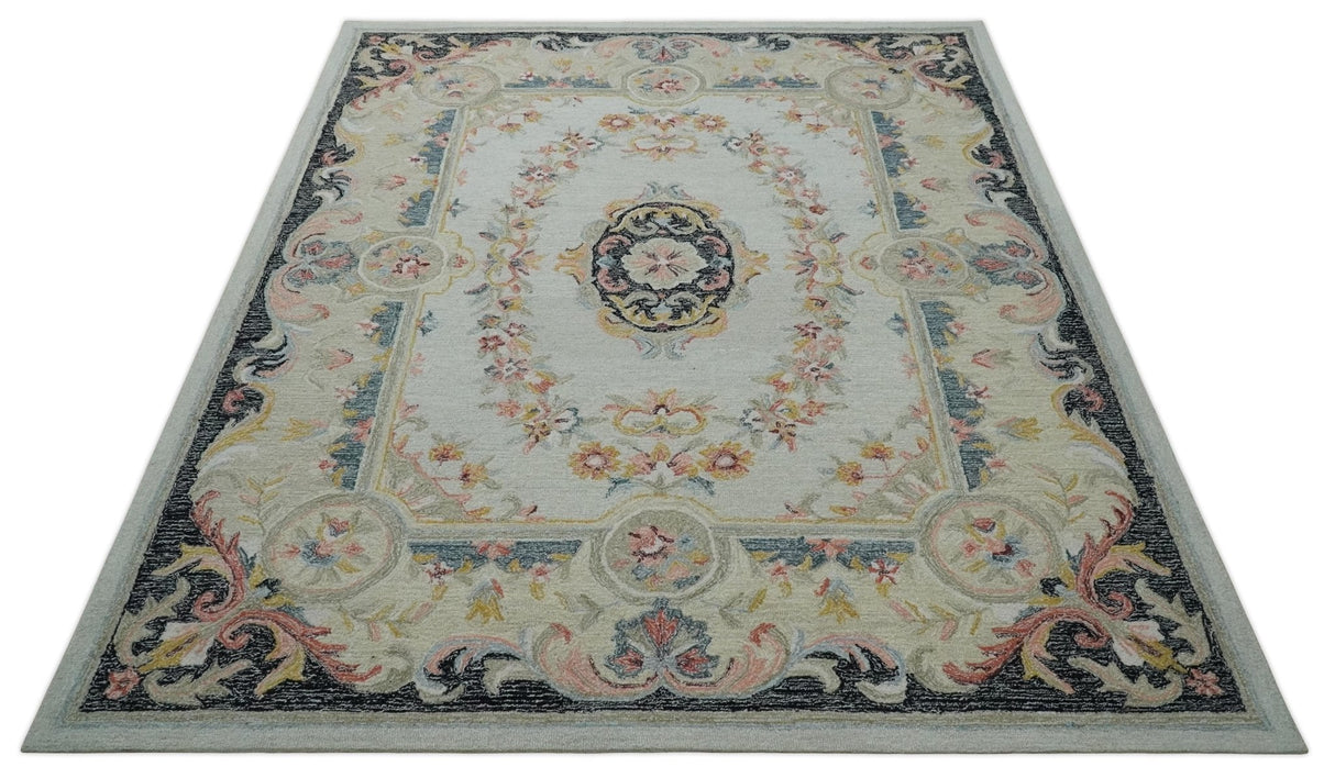 Ivory, Light Green and Charcoal Aubusson design Hand Tufted 8x10 wool Area Rug