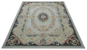 Ivory, Light Green and Charcoal Aubusson design Hand Tufted 8x10 wool Area Rug
