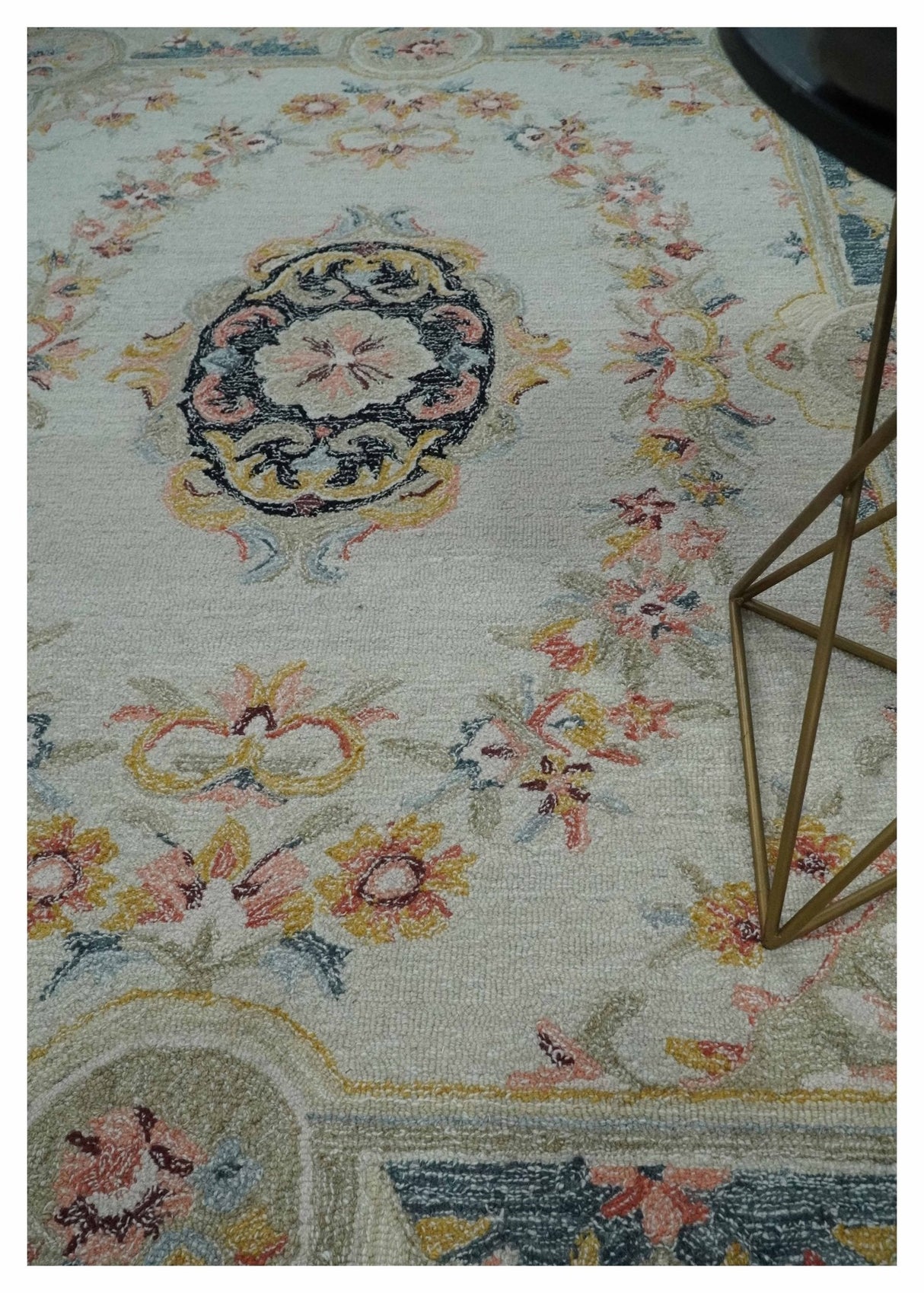 Ivory, Light Green and Charcoal Aubusson design Hand Tufted 8x10 wool Area Rug