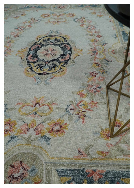 Ivory, Light Green and Charcoal Aubusson design Hand Tufted 8x10 wool Area Rug