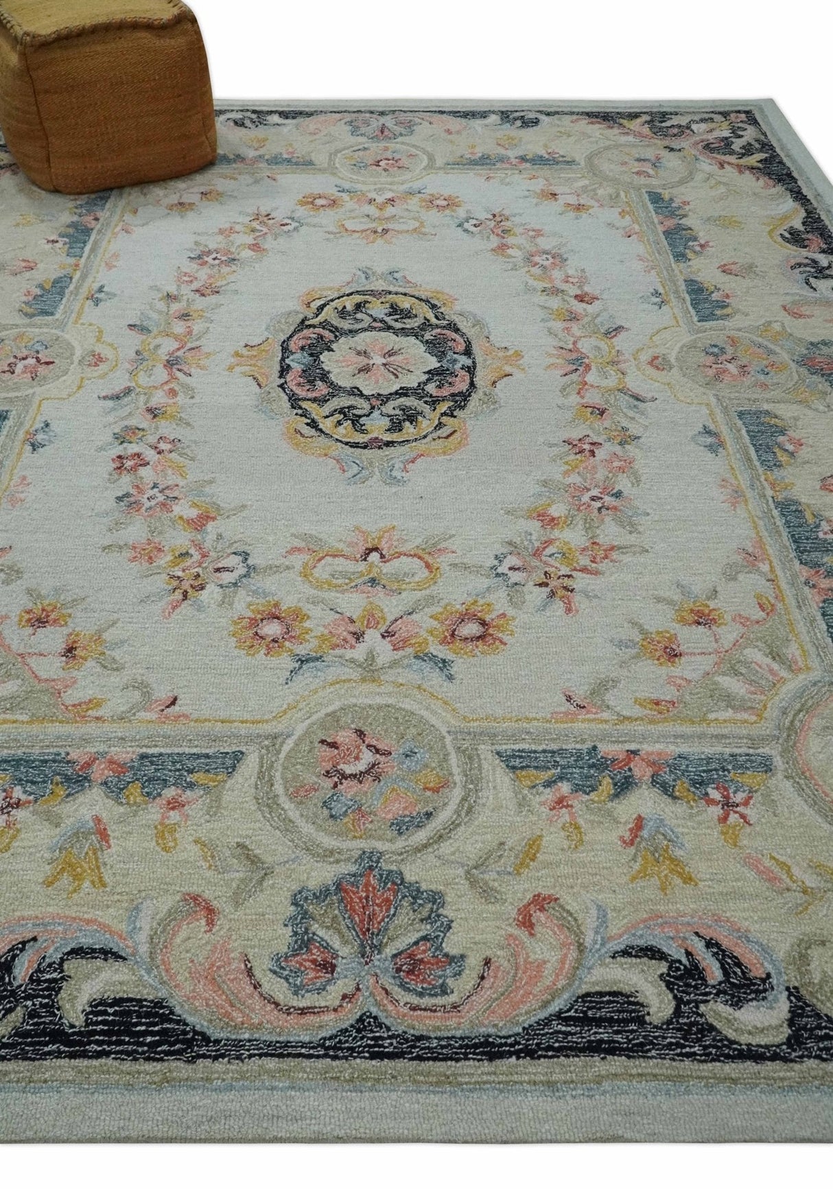 Ivory, Light Green and Charcoal Aubusson design Hand Tufted 8x10 wool Area Rug