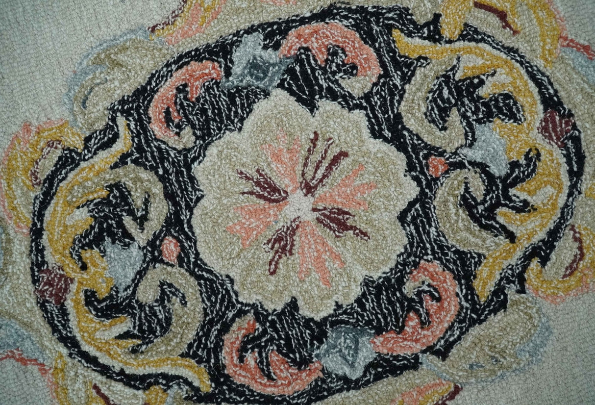 Ivory, Light Green and Charcoal Aubusson design Hand Tufted 8x10 wool Area Rug