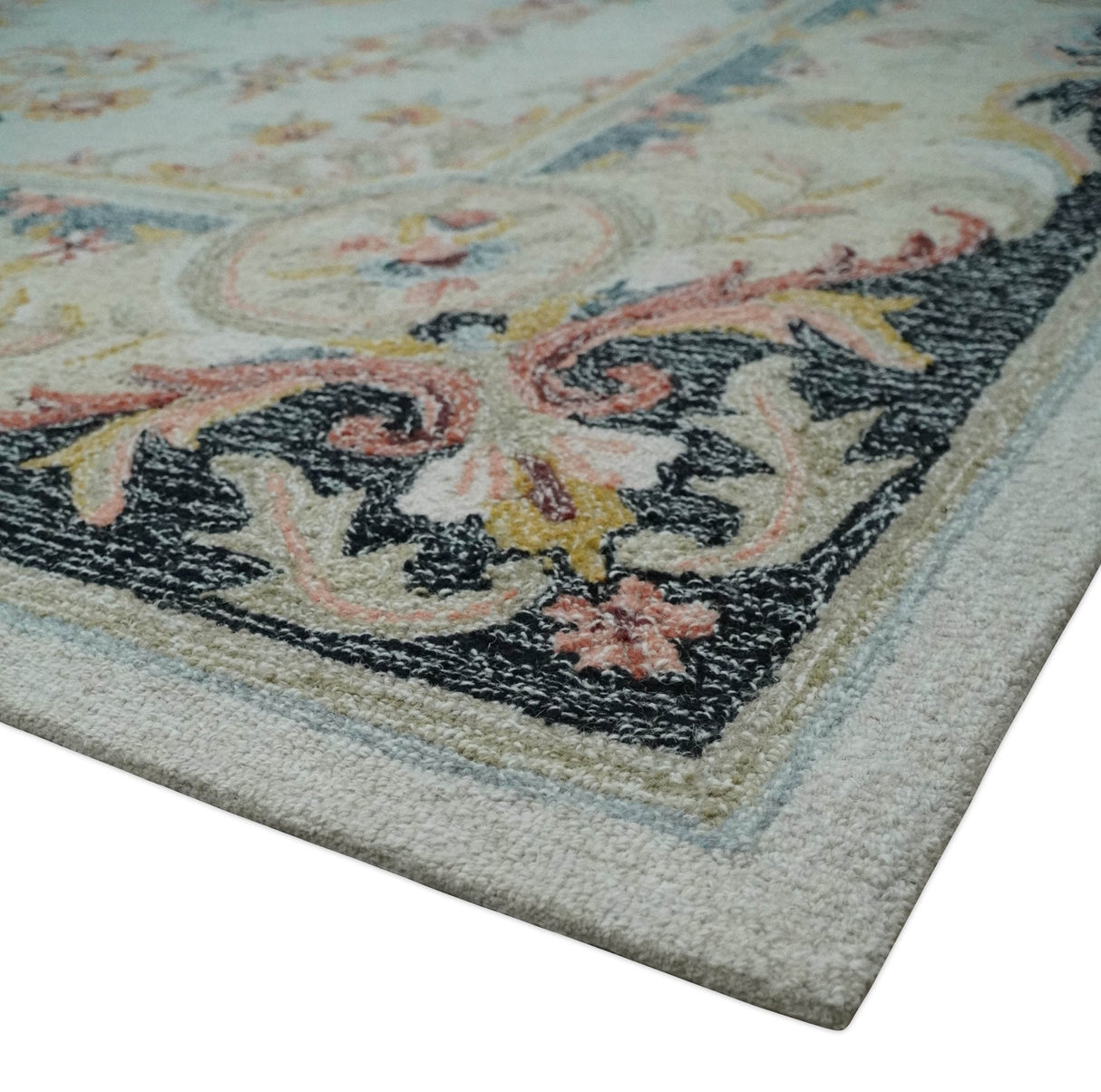 Ivory, Light Green and Charcoal Aubusson design Hand Tufted 8x10 wool Area Rug